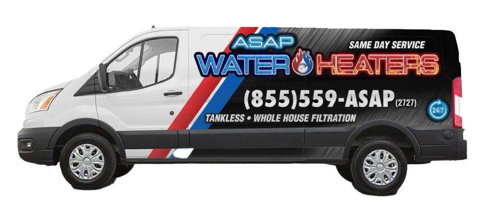 ASAP Water Heaters wrapped service van — same-day service across Dallas/Fort Worth